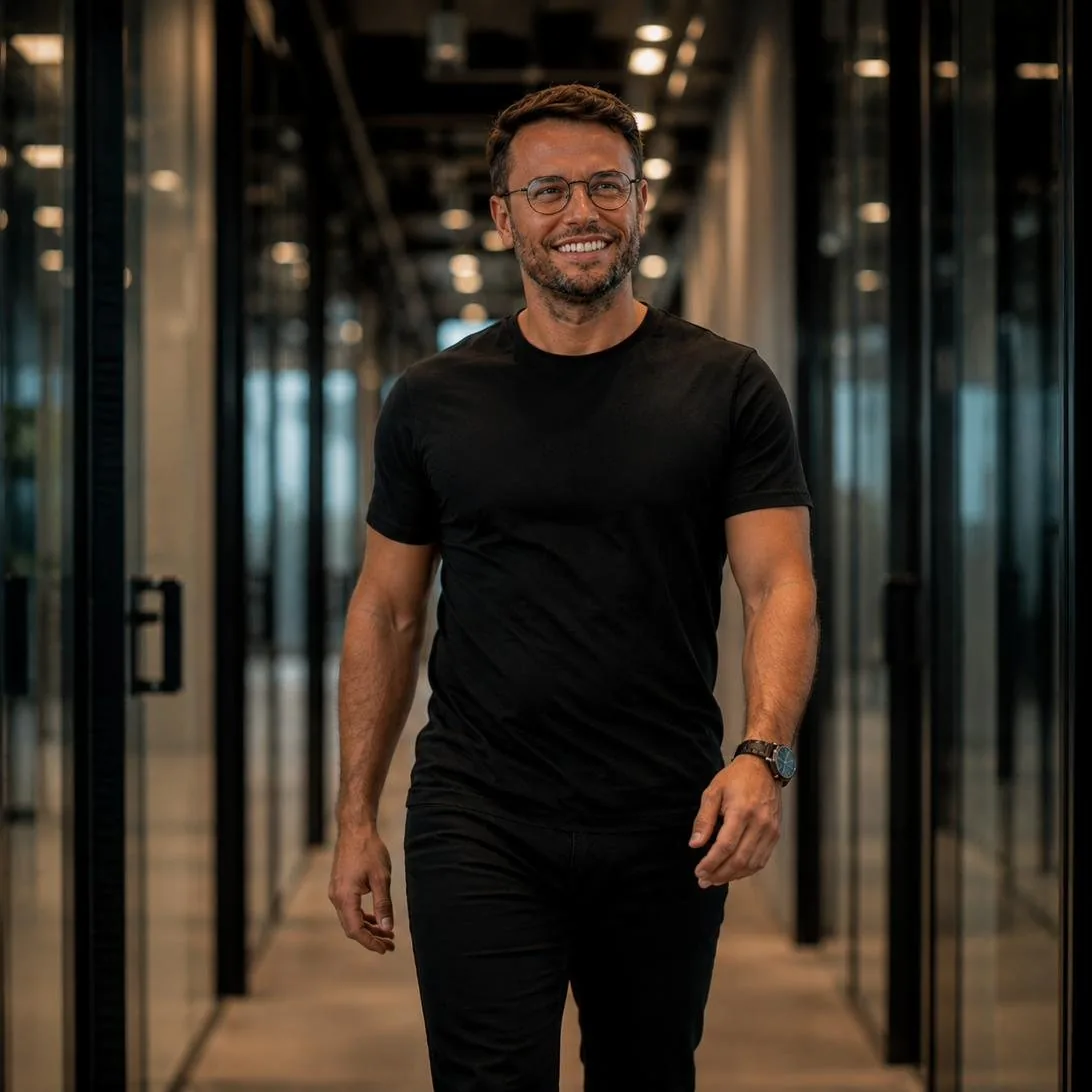 Anderson Rosa caminhando em um corredor de vidro de um edifício moderno