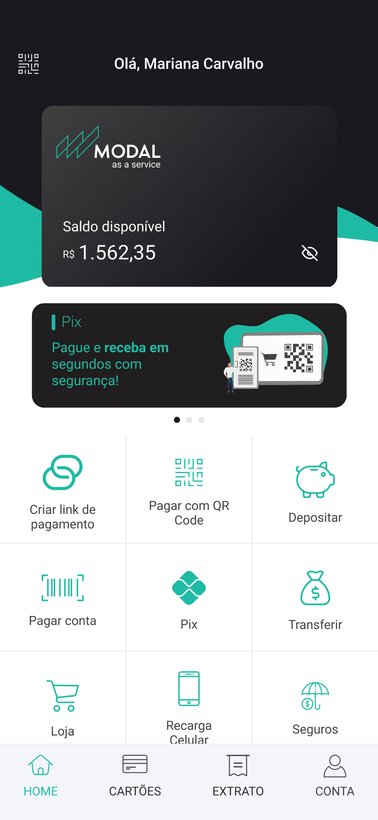 App Banco Modal — tela inicial com saldo e acesso rápido