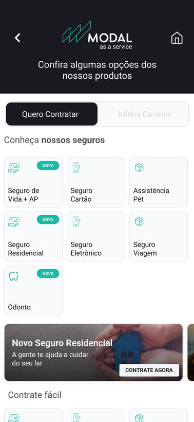 App Banco Modal — catálogo de seguros para contratar