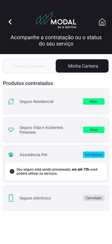 App Banco Modal — produtos contratados com status